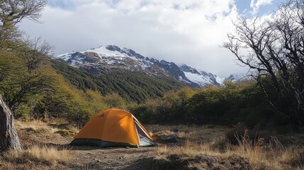 Aufkleber - Campsite in Natural Park with Tent Surrounded by Snow Capped Mountains and Wilderness Landscape in Scenic Outdoor Environment