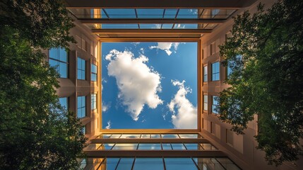 Poster - Modern Skylight Square Surrounded by Urban Architecture with Vibrant Green Trees and a Clear Blue Sky at Noon in a Commercial District