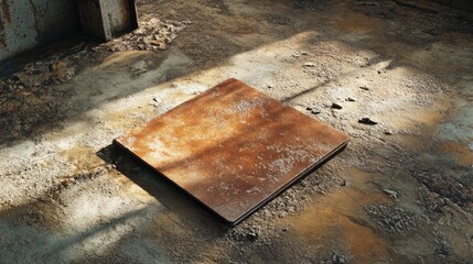 Poster - rusty steel plate resting on a weathered concrete floor illuminated by soft sunlight in an industria
