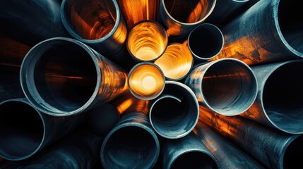 Poster - Industrial steel pipes arranged in a circular pattern creating a visually striking abstract composition with warm glowing light.