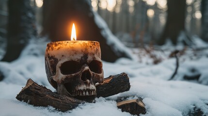 Aufkleber - Skull-shaped candle illuminating with warm flame atop charred firewood, set against a tranquil snowy forest backdrop with soft morning light.