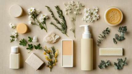 Aufkleber - Skincare Cosmetics Layout with Natural Ingredients and White Floral Accents on Beige Cloth Background in Soft Earthy Tones