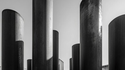 Poster - black and white view of towering steel pillars creating a striking architectural abstract with stron
