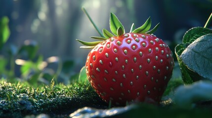 Aufkleber - Fresh ripe strawberry on lush green moss with soft natural light illuminating its vibrant red color. Perfect for food and nature themed projects.