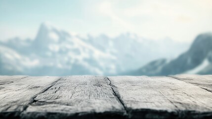 Poster - Serene Blurred Mountain Landscape with Rustic Wooden Tabletop for Nature Backdrop and Product Display