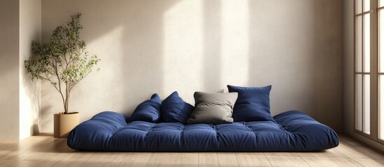 Aufkleber - Modern minimalist navy sofa with plush cushions and natural decor against a light wall for stylish furniture advertising and interior design.