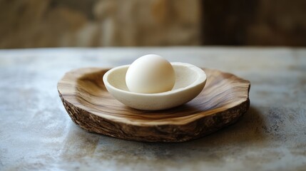 Poster - Single white egg placed in a ceramic bowl on a rustic wooden platter with a natural, earthy background setting