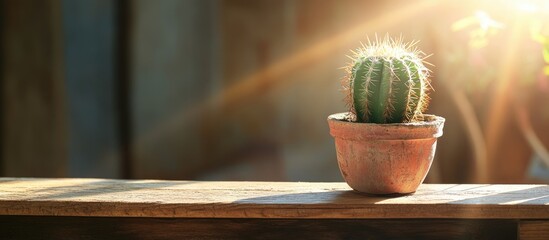 Poster - Small cactus in a terracotta pot on a rustic wooden shelf illuminated by sunlight creating a warm and inviting atmosphere