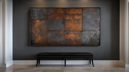 Poster - textured steel wall art installation in modern interior with seating bench and elegant lighting acce