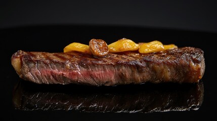 Poster - Grilled sirloin strip steak garnished with chanterelle mushrooms served alongside a baked potato on a sleek black background