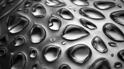 Poster - metal surface with droplets of water showcasing reflections and textures in a monochrome style.