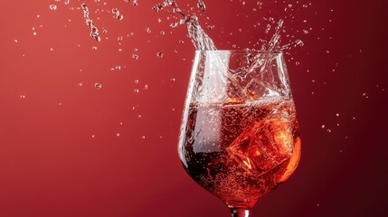Poster - Refreshing Cocktail Splash in Elegant Glass with Ice Cubes Captured Against Stylish Red Background