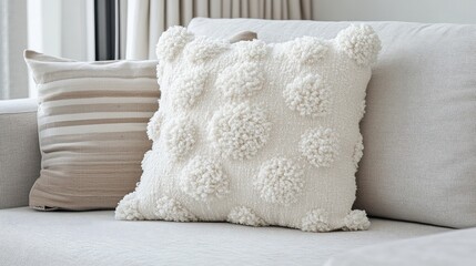 Aufkleber - Textured Chunky White Pillow on Modern Sofa in Bright Living Room Interior Design