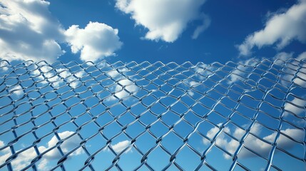 Aufkleber - Textured Sky Blue Metal Mesh with Reflections against a Bright Blue Sky and White Clouds in an Outdoor Setting, Modern Aesthetic Design Element