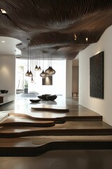 Wall Mural - Curved wood ceiling and floor with hanging lights.