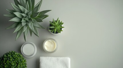 Aufkleber - Moisturizing Skincare Set Featuring Cream and Towels with Lush Green Houseplants on Soft Gray Background Top View Flat Lay Aesthetic