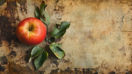 Poster - Red Apple on Vintage Paper Background with Green Leaves and Rustic Texture