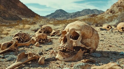 Aufkleber - Desolate desert landscape with weathered skulls and decayed bones scattered on arid ground against rocky mountains and clear blue sky.