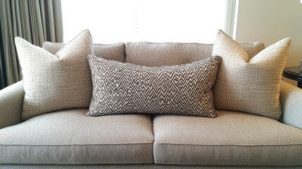 Aufkleber - Cozy sofa adorned with textured throw pillows offering a warm and inviting atmosphere for stylish interior decor