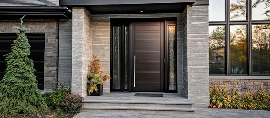 Poster - Elegant metal door design with modern lines ideal for contemporary architectural aesthetics and enhancing entrance appeal in residential projects.