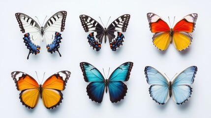 Aufkleber - Colorful butterfly collection showcasing six diverse species arranged on a white background highlighting their unique patterns and colors.