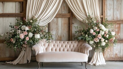 Poster - Elegant Soft Cream Velvet Sofa with Floral Arrangements in Rustic Setting