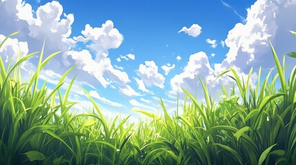 Poster - Vibrant Blue Sky with White Clouds Overlapping Lush Green Tall Grass Plants in a Serene Outdoor Setting