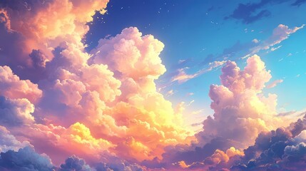 Aufkleber - Vibrant Sky with Soft Pink and Orange Fluffy Cumulus and Cumulonimbus Clouds Against a Gradient Blue Background at Dusk