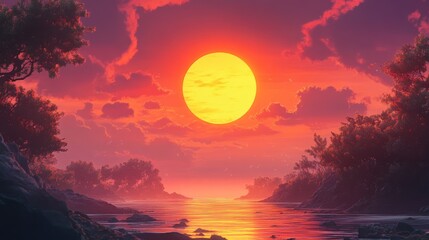 Aufkleber - Vibrant sunset over tranquil water with silhouetted trees creating a serene natural atmosphere for design and artistic inspiration