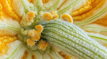 Poster - Zucchini blossom close-up showcasing vibrant yellow petals and intricate details of the flower and stem on a white background