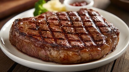 Poster - Grilled sirloin steak plated with sides of mashed potatoes and herbs on a rustic wooden table setting for gourmet dining experience