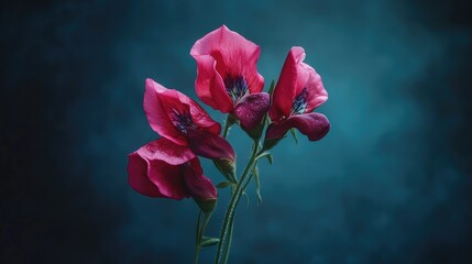 Poster - Six Spot Burnet Moth on Sweet Pea Blossoms against a Blue Background in an Artistic Floral Composition