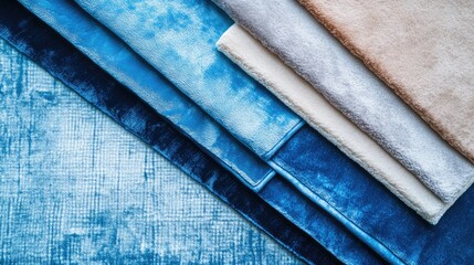 Aufkleber - Lush Sky Blue and Neutral Velvet Fabric Textures Flat Lay Displaying Assorted Plush Materials in Various Shades of Blue and Beige on Textured Background