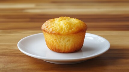 Poster - Golden Brown Muffin on White Plate Over Wooden Table Surface