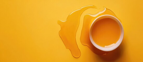 Aufkleber - Bright yellow background featuring a spilled cup of orange liquid with a vibrant shadow, creating a cheerful and dynamic composition for creative design use.