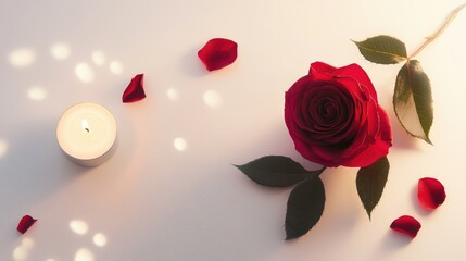 Aufkleber - Elegant red rose with soft candlelight creating a romantic atmosphere on a white background with scattered petals.