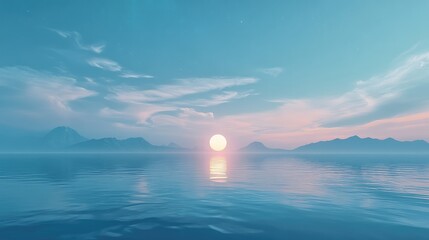 Aufkleber - Serene twilight over calm azure ocean with distant mountains under soft pastel skies creating a tranquil panoramic landscape scene