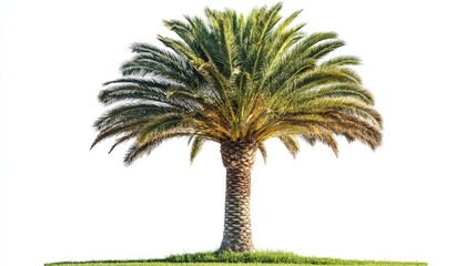 Poster - Lone Tropical Palm Tree Surrounded by Lush Green Grass Isolated on Clean White Background