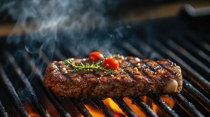 Poster - Sizzling steak on grill with fresh herbs and smoky backdrop creating an inviting culinary atmosphere