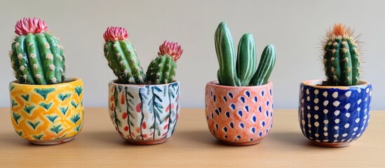 Poster - Colorful potted cacti collection vibrant decor ideal for plant lovers modern home aesthetics and interior design enhancement
