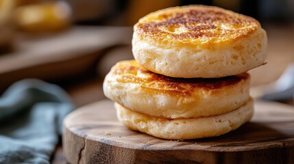 Poster - Close up of soft English muffins stacked on wooden board Perfect addition to a delicious breakfast with crispy golden halves