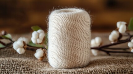 Aufkleber - Natural cotton yarn skein with soft texture surrounded by cotton bolls on rustic burlap background for craft and textile projects.