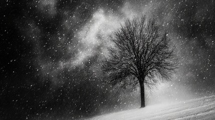 Poster - Lonely tree standing resilient amidst a heavy snowstorm in a black and white winter landscape