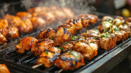Poster - Sizzling Grilled Chicken and Meat Skewers Cooked Over Charcoal at Vibrant Food Festival
