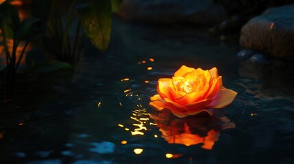 Poster - Serene Orange Silk Rose Floating in Calm Water at Night with Reflective Surface and Gentle Lighting Effects