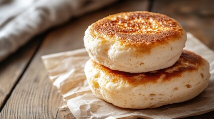 Aufkleber - Freshly toasted English muffins stacked on parchment, showcasing their crispy texture. Perfect for a wholesome breakfast setting.