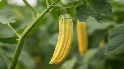Poster - Single ripe yellow okra pod suspended from green leaf on plant in a lush garden setting.