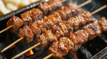 Poster - Grilled meat skewers marinated in savory spices served on skewers with a smoky barbecue background