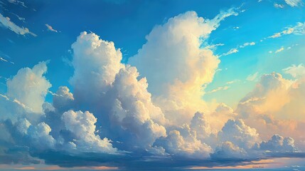 Aufkleber - Vibrant sky showcasing fluffy white cumulus and towering cumulonimbus clouds against a deep blue backdrop with warm golden tones at sunset.