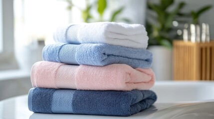 Poster - Plush towels stacked in calming colors on a bathroom countertop with greenery in a bright, relaxing setting